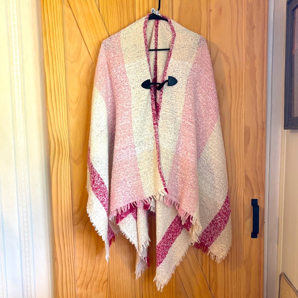 Halston Heritage Pink  Red and Cream Plaid Poncho Fringe One Size SPRING EASTER